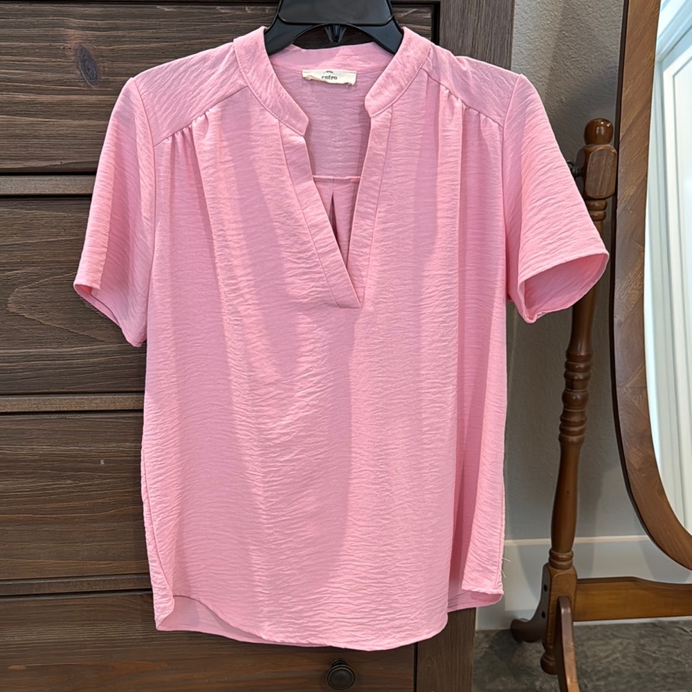 Pink Relaxed Buttoned Blouse with Mandarin Collar